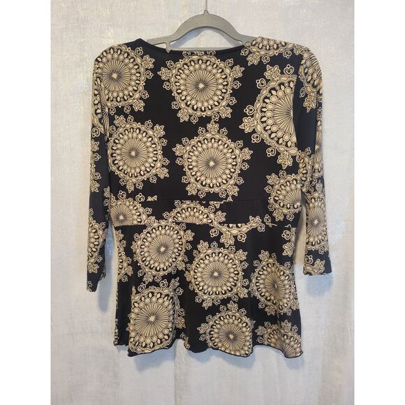 INC Black Tan Sparkle L Faux Wrap VNeck Geo‎ Print Blouse Whimsigoth Fairycore - Picture 3 of 6